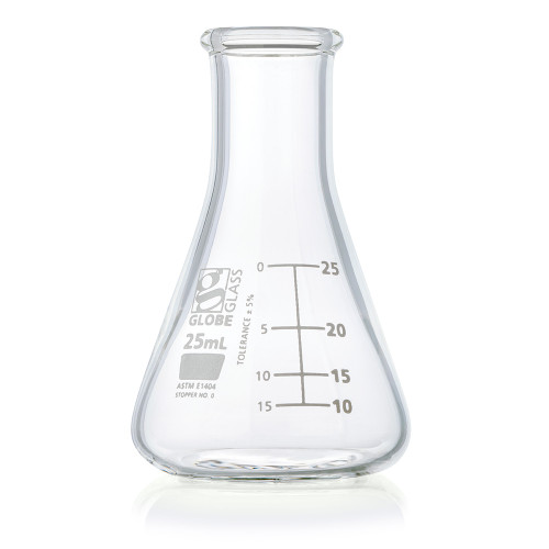 flask erlenmeyer globe glass 25ml narrow mouth dual graduations astm e1404 12 box cs 48