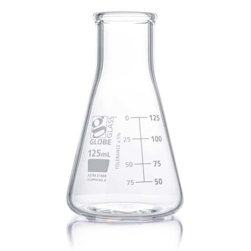 flask erlenmeyer globe glass 125ml wide mouth dual graduations astm e1404 12 box cs 48