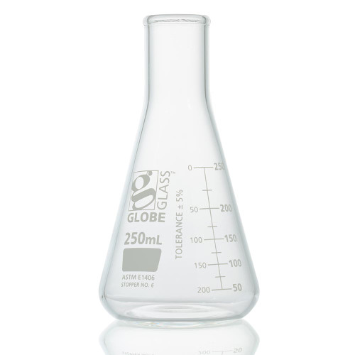 flask erlenmeyer globe glass 250ml heavy duty narrow mouth dual graduations astm e1406 6 box cs 18