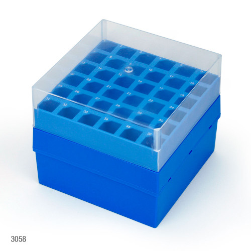 storage box with lid for 15ml centrifuge tubes 36 place 6x6 pp blue base  clear lid 4 boxes carton