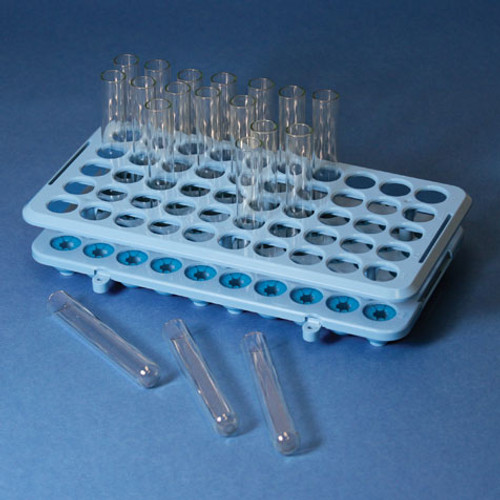 grip rack rack with tube grippers and tube eject for up to 15mm tubes 50 place autoclavable blue