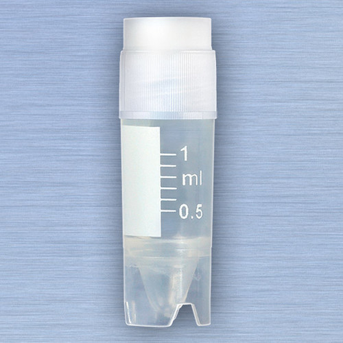 cryoclear vials 1 0ml sterile external threads attached screwcap with co molded thermoplastic elastomer tpe sealing layer conical bottom self standing printed graduations writing space and barcode 50 bag 10 bags case