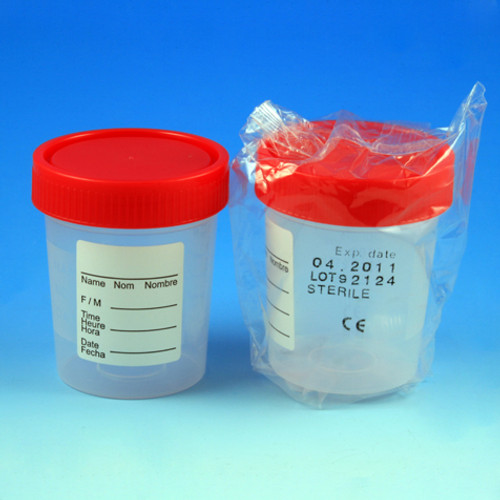 specimen container 4oz with 1 4 turn red screwcap and tri lingual id label sterile pp individually wrapped graduated