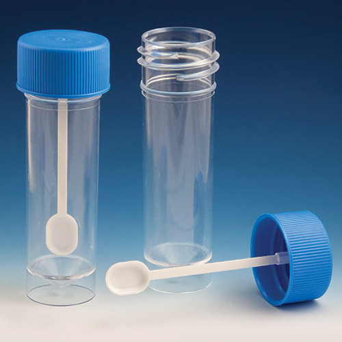 container fecal 30ml attached screwcap with spoon ps conical bottom self standing 100 bag 5 bags unit