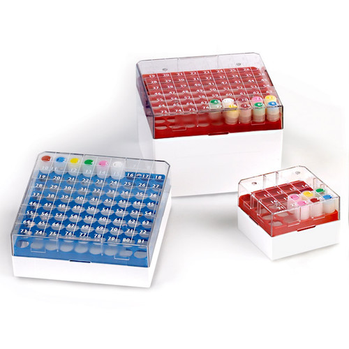 biobox 81 for 3 0ml 4 0ml and 5 0ml cryoclear vials polycarbonate pc holds 81 vials 9x9 format printed lid pack includes a cryoclear tube picker blue