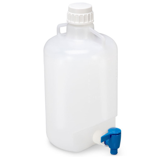 carboy round with spigot and handles pp white pp screwcap 5 liter molded graduations autoclavable