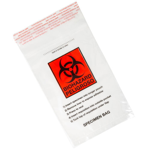 bag biohazard specimen transport 6 x 10 glue seal with document pouch and absorbent pad