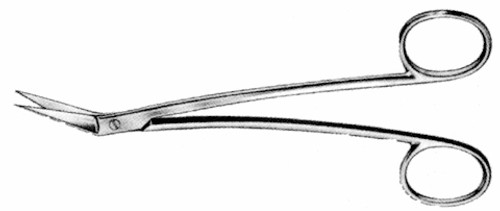 Locklin Scissors, Curved Shank, Angled On Side 25 Degrees, One Serrated Blade, Length: 6.25