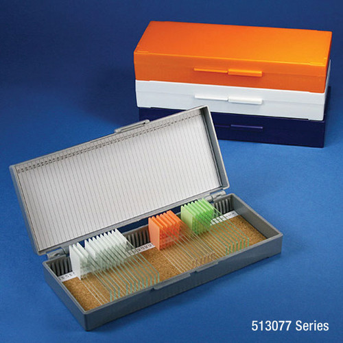 slide box for 50 slides cork lined 5 assorted colors gray blue dark gray orange and white