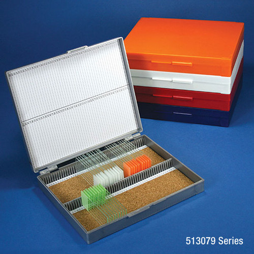 slide box for 100 slides cork lined 5 assorted colors gray blue dark gray orange and white