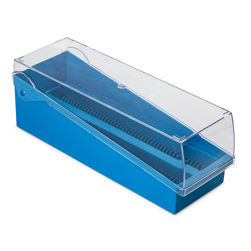 slide storage box with hinged lid and removable draining tray 100 place for up to 200 slides abs blue 6 unit