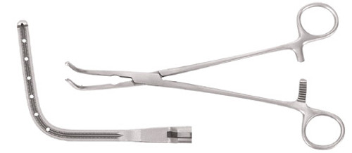Sarot Bronchus Clamp Curved Right 9" One Jaw Serrated Longitudinally, The Other With Pins S1549-5752