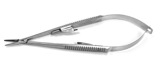 Castroviejo Needle Holder, Tungsten Carbide, With Lock, Curved, Serrated, Length: 5.5 S1329-441