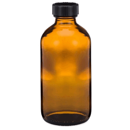16 oz (480 ml) amber boston round bottles with 28-400 black phenolic pulp/vinyl lined cap attached