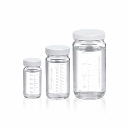 dwk life sciences (wheaton) clear valumetric bottles with black phenolic caps lined with pe poly-seal 30 ml
