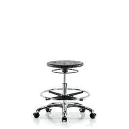 class 10 huron polyurethane clean room stool - medium bench height with chrome foot ring and casters in black polyurethane (c062b-030995)