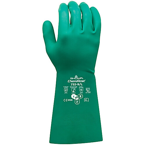 chemical resistant unsupported nitrile, 13", 15-mil, light green, raised diamond palm, flock lined/extra large
