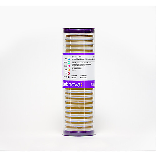 lb agar plates with spectinomycin-50. 100mm, 20 plates per sleeve, sterile 4 pack (c003b-584286)
