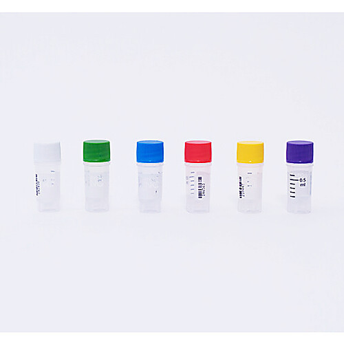 0.5ml clear polypropylene sterile pre-set 1d barcoded cryovials with external thread and yellow caps assembled. cryovials have writing patch and marked graduations. 25 cryovials/bag, 20 bags/pack, 2 packs/case, price/case