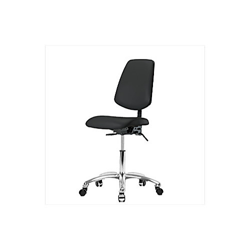 vinyl medium bench height chair with medium back, chrome base, with tilt, adjustable arms, no foot ring, glides, charcoal