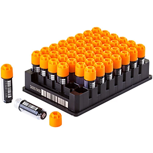 1.9ml tri-coded tube, 48-format, external thread, 2d code on base, 1d linear barcode and human readable number on side, capped, gamma irradiated, 10 racks per case, 48-format rack (1 piece rack base), empty rack part number: 65-9451