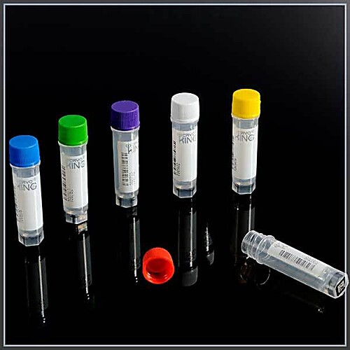 0.5ml clear polypropylene sterile pre-set 2d barcoded (side & bottom) cryovials with external thread and red caps assembled. cryovials have writing patch and marked graduations. 25 cryovials/bag, 20 bags/pack, 2 packs/case, price/case