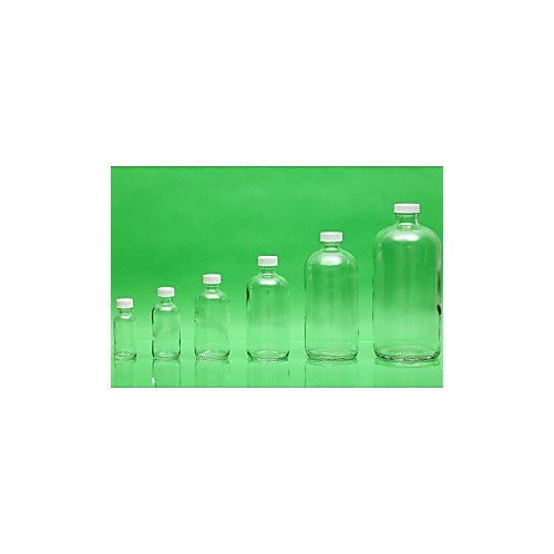 16oz clear boston round bottle, assembled with 28-400 white pp ptfe lined cap, certified