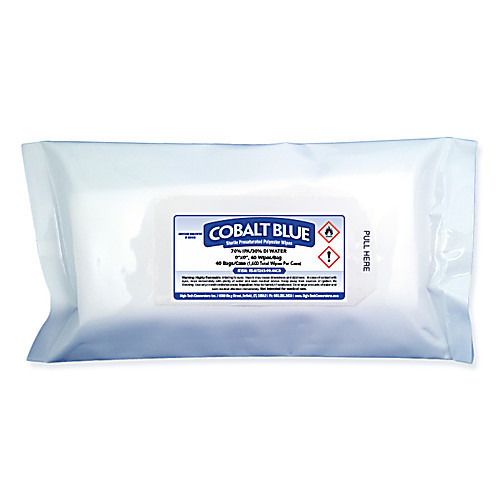 cobalt blue sterile wipes, nonwoven polyester, pre-saturated with 70% ipa / 30% di water, 9 x 9"