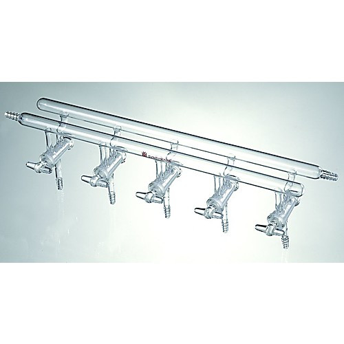 vacuum/inert gas manifold, all glass, ports: 3, overall width: 300mm, hose connections front-left right and rear-left right (c08-0474-243)