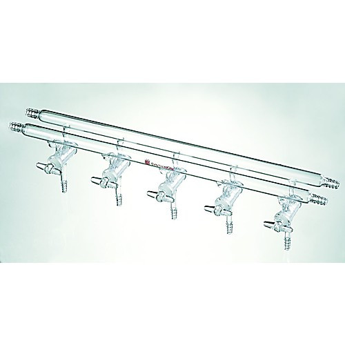 high vacuum manifold, solid glass stopcocks, ports: 5, overall width: 450mmm hose connections front-left right and rear-left