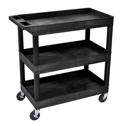 high capacity three shelf tub cart, black, 4 swivel casters