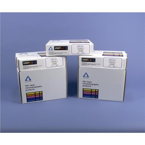 thin layer chromatography plates, silica gel calcium sulfate hemihydrate binder with fluorescent indicator, 2000 um, 20 x 20 cm