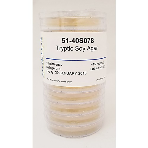 tryptic soy agar with 0.5mg/ml kanamycin, 20ml/plate, 10/sleeve