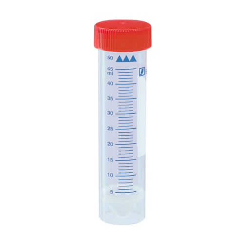 freestanding 50 ml polypropylene conical bottom tubes with red flat caps, qty. 500 (25/bag)