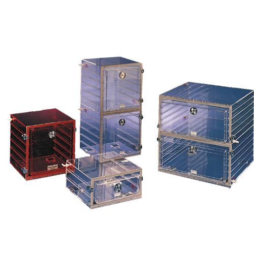 clear desiccator, 12 x 12 x 24" with 4 perforated shelves (2/chamber) - 2 doors