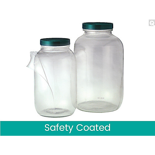 64oz (1920ml) safety coated clear standard wide mouth with 83-400 green thermoset f217 & ptfe lined cap attached