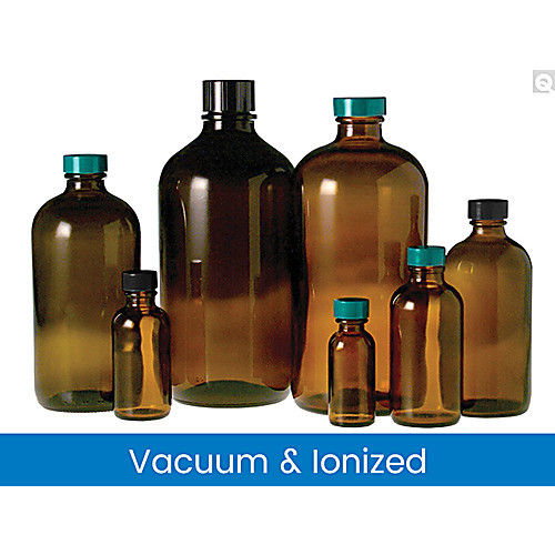 32oz (950ml) amber boston round with 33-400 green thermoset f217 & ptfe lined cap attached vacuum & ionized (c08-0551-300)