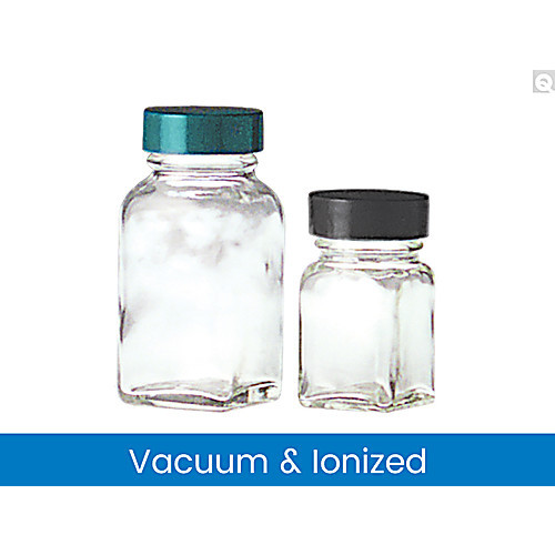 1oz (30ml) clear french square with 24-400 green thermoset f217 & ptfe lined cap attached vacuum & ionized
