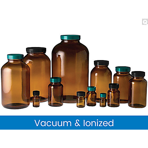 17oz (500ml) amber wide mouth packer with 53-400 green thermoset f217 & ptfe lined cap attached vacuum & ionized (c08-0551-856)