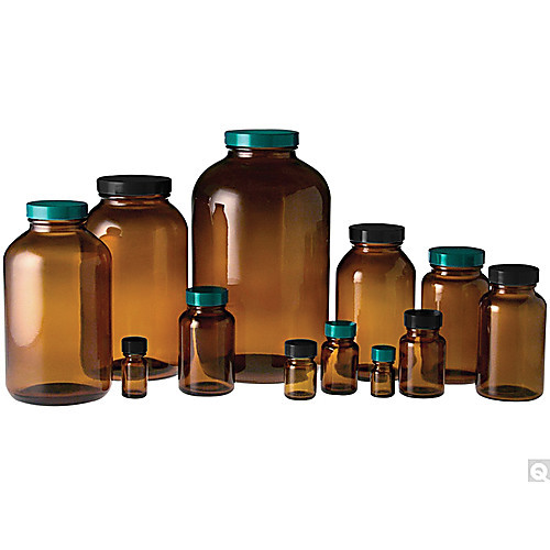 8.5oz (250ml) amber wide mouth packer with 45-400 green thermoset f217 & ptfe lined cap attached (c08-0551-864)