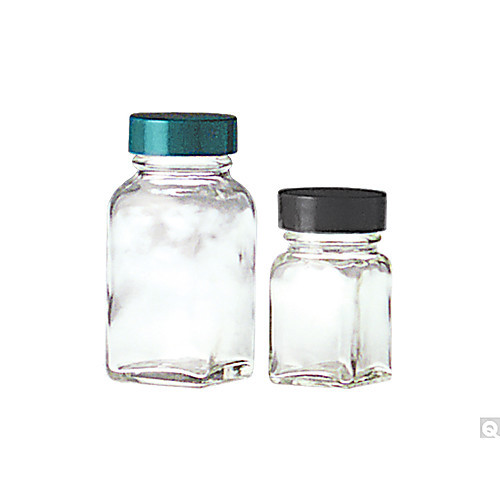 2oz (60ml) clear square tablet bottle with 33-400 black phenolic pulp/vinyl lined cap attached