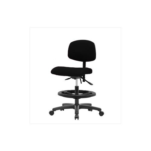 fabric medium bench height chair with black nylon base, chrome foot ring, no tilt, no arms, regular casters, navy
