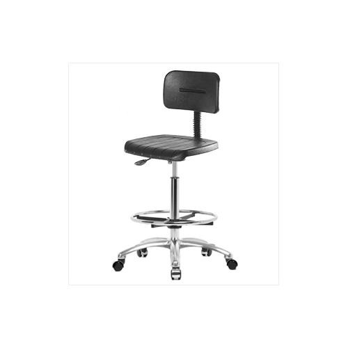 basic polyurethane, high bench height chair with chrome base, chrome foot ring, chrome casters