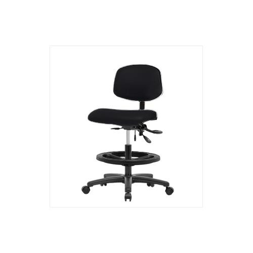 vinyl medium bench height chair with black nylon base, with tilt, no arms, chrome foot ring, casters, navy