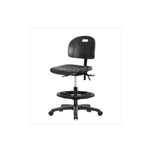 industrial polyurethane medium bench height chair with black nylon base, with tilt, no arms, chrome foot ring, casters