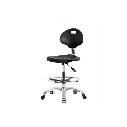 basic industrial polyurethane medium bench height chair with chrome base, adjustable arms, chrome foot ring, chrome casters