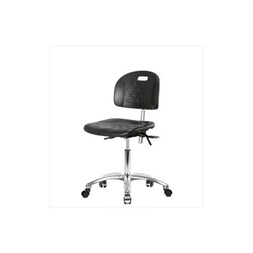 industrial clean room polyurethane desk height chair with chrome base, no tilt, no arms, glides