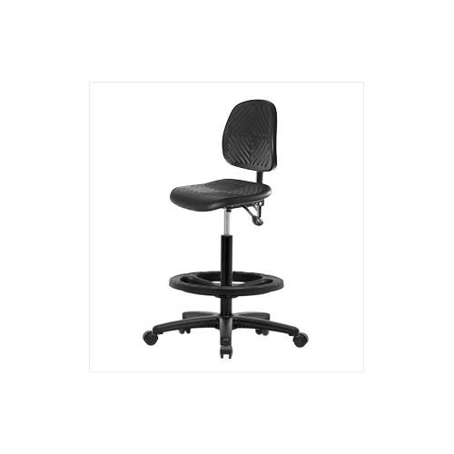 polyurethane high bench height chair, medium back, with black nylon base, with tilt, no arms, chrome foot ring, casters