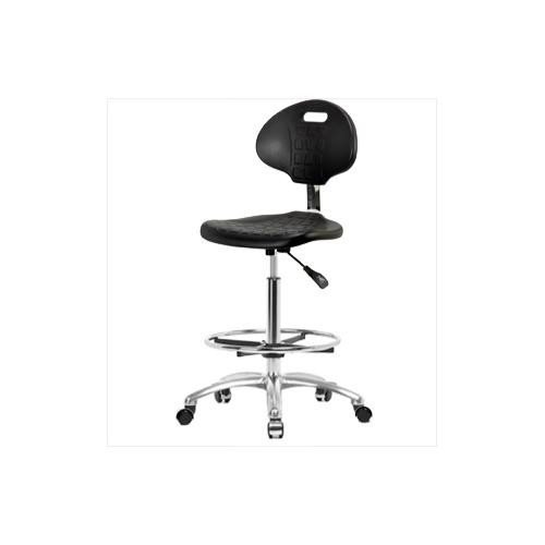 industrial basic clean room polyurethane high bench height chair with chrome base, adjustable arms, chrome foot ring, chrome casters