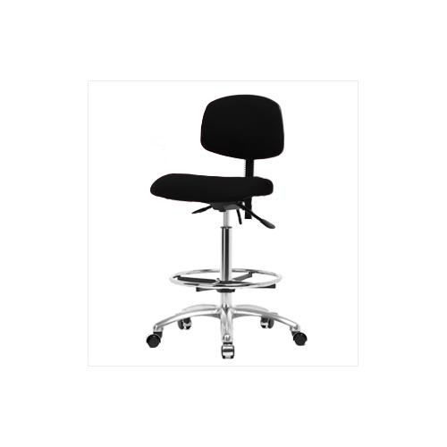 fabric high bench height chair with chrome base, chrome foot ring, with tilt, no arms, chrome casters, black